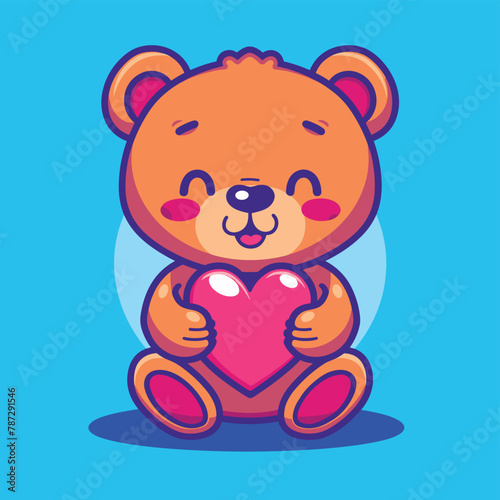 Cute teddy bear hugging red heart cartoon illustration vector artwork
