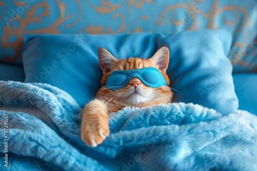 Cat sleeping in sleep mask lying in the bed. World Sleep Day concept. Rest and relax, daydreaming, healthy sleep, lazy day off concept. Cute cat in sleep bandage, wearing sleeping mask. photo
