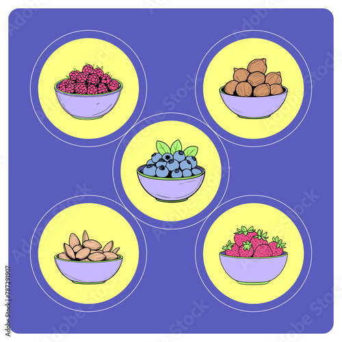 Set of different berry in bowls, nut bowl. Vector cartoon illustration of raspberry, strawberry, blueberry, almond. Vector flat illustration of nuts. Healthy food icon. Isolated.