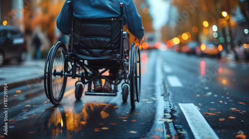 Man in Wheelchair Walks Down Street photo