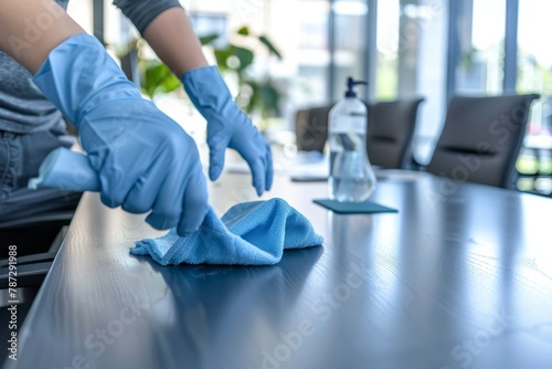 Cleaning staff using cloth and disinfectant to maintain cleanliness in company office room