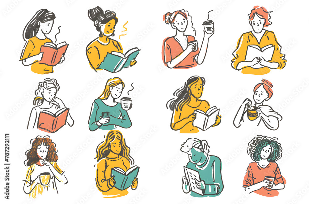 Illustration of various women immersed in reading and sipping on beverages, showcasing leisure and relaxation Illustration of various women immersed in reading and sipping on beverages, showcasing leisure and relaxation