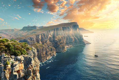 Greek island coastline bathed in summer sunset light, with cliffs, rocks, and a clear blue bay