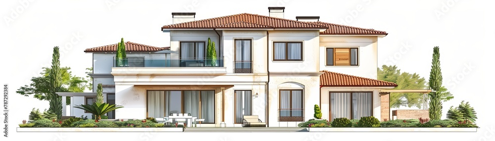 Modern exterior of a two-story house with a red tile roof Modern exterior of a two-story house with a red tile roof