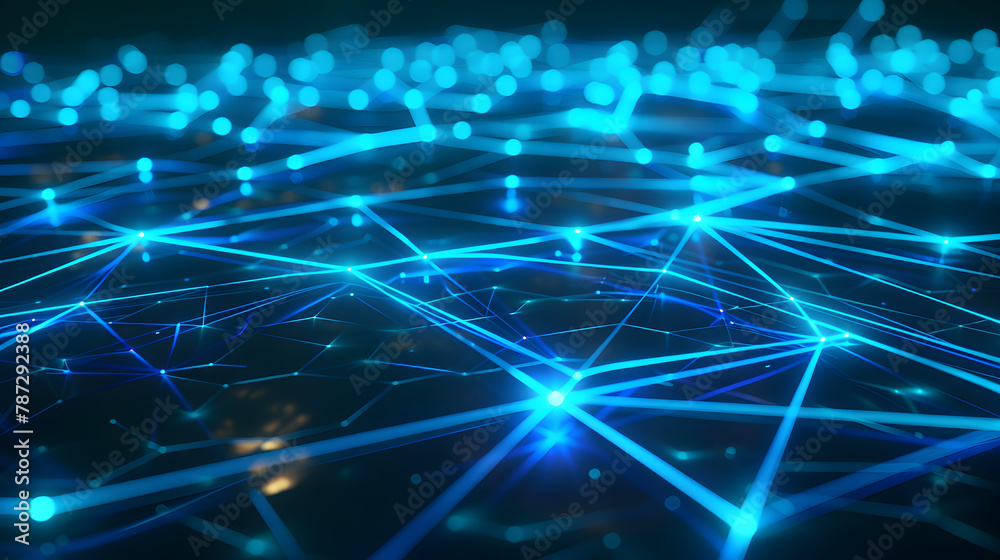 Detailed rendering of a digital network concept with connected lines and dots on a deep blue backdrop, symbolizing connection