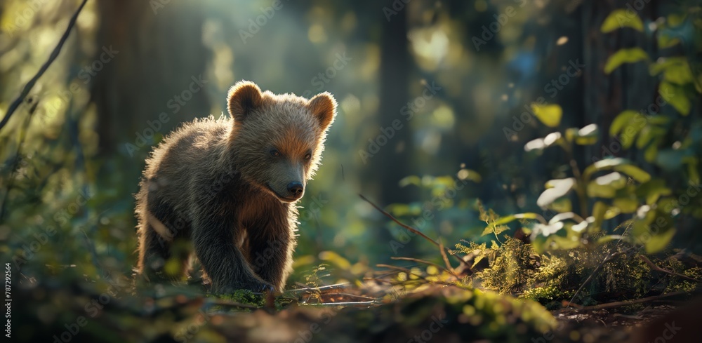 Fototapeta premium An inquisitive bear cub explores the forest floor, bathed in enchanting light filtering through the trees above