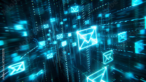 Luminous stream of email icons rushing through a neon digital tunnel representing fast-paced communication