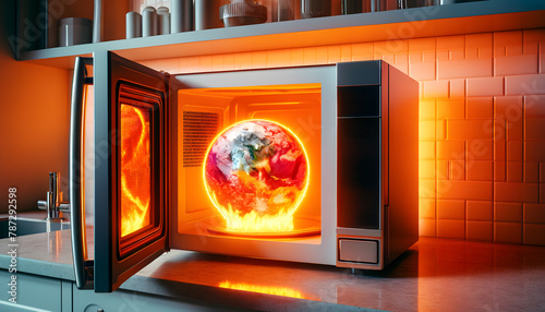 Inside the microwave, realistic glowing model of the Earth, radiating heat and light, suggesting the Earth being 'cooked'.
