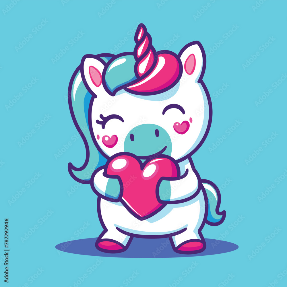 Cute unicorn hugging red heart cartoon illustration vector art