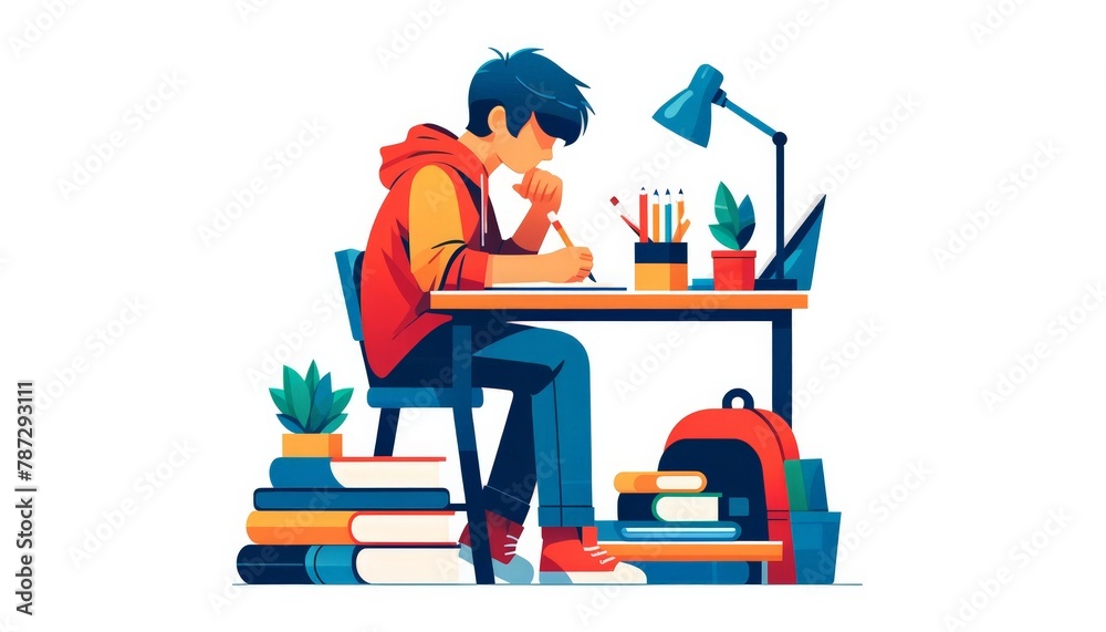 A student diligently writes homework, surrounded by books and pencils, in flat design. A student diligently writes homework, surrounded by books and pencils, in flat design.