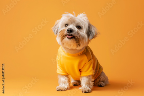 Maltese dog isolated on yellow background photo
