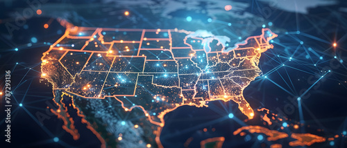 An artistically crafted image showcasing the USA map outlined by lights, indicating technological connectivity and data flow photo