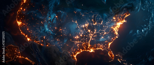 A visually striking depiction of the United States map illuminated with lights from cities at night as seen from space