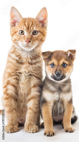 Adorable golden tabby cat and Shiba Inu puppy friends on white background. pet and family themes. © Viktoria Tom