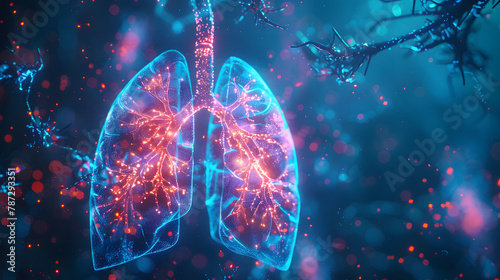 This visually stunning 3D illustration showcases human lungs enhanced with glowing neon particles, signifying breakthroughs in health and medicine