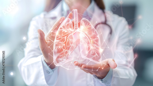 Female doctor holding virtual Lungs in hand Handrawn human organ copy space on right side raw photo colors Healthcare hospital service concept stock photo : Generative AI photo