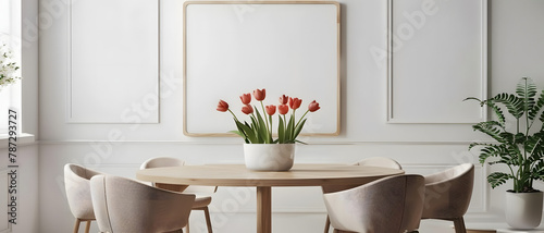 A contemporary dining space showcasing a vase of tulips and two blank picture frames on the wall #787293727