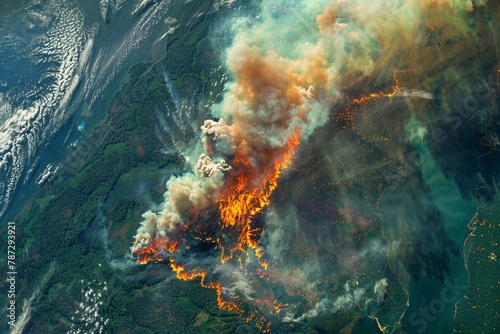 Satellite view of a large area of the Amazon rainforest being consumed by fire, smoke plumes visible from space photo
