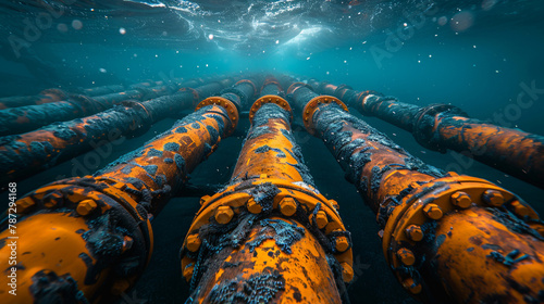 Damage to pipes on the seabed. Damage to oil pipeline pipes at the bottom of the sea.