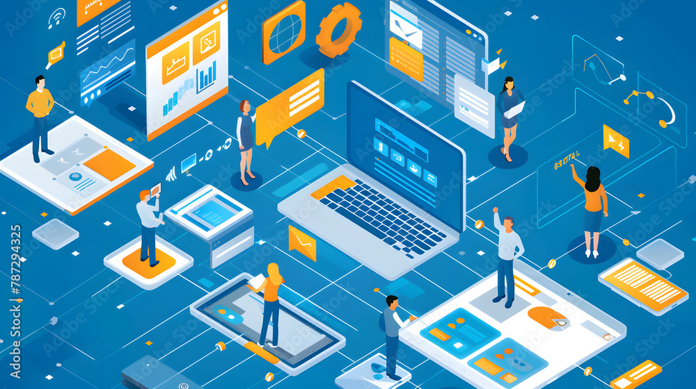 A neatly composed isometric layout of a tech workspace, featuring professionals and data elements A neatly composed isometric layout of a tech workspace, featuring professionals and data elements