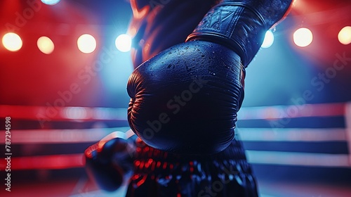 The back of a boxers hand, fist tightly closed, facing a brightly lit boxing ring, a moment of anticipation