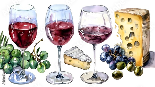 bright watercolor sketches of glass glasses with red wine, grapes, cheese, olives on a white background, the concept of a banner to demonstrate winemaking and cold snacks