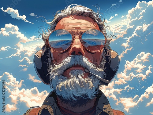 Cartoon bearded pilot navigating through the clouds, cockpit view background