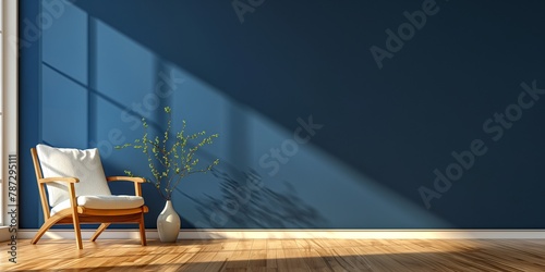 Stylish Modern wooden living room has an armchair on empty dark blue wall background.