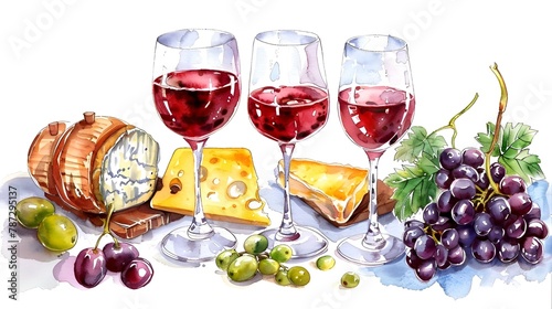 dining watercolor sketches with a wooden barrel and glass glasses with red wine, bread, grapes, cheese, olives on a white background, the concept of a banner to demonstrate winemaking and cold snacks