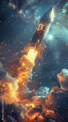 A rocket adorned with the Bitcoin symbol ascends through a starlit sky.