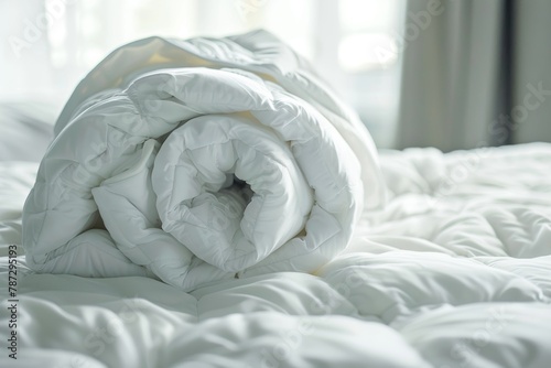 White folded duvet lying on bed for winter season preparation in household or hotel settings