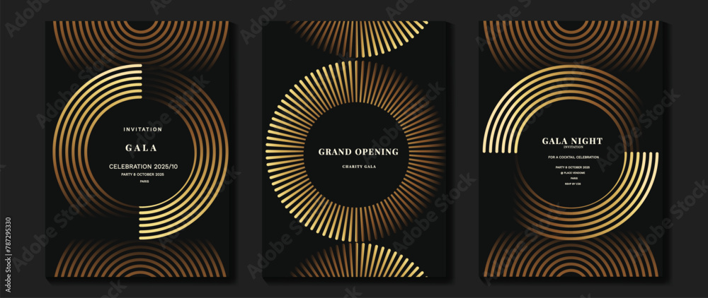Naklejka premium Luxury invitation card background vector. Golden elegant geometric shape, gold lines gradient on dark background. Premium design illustration for gala card, grand opening, wedding, party invitation.