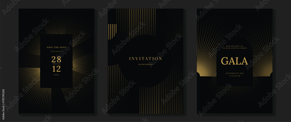 Naklejka premium Luxury invitation card background vector. Golden elegant geometric shape, gold lines gradient on dark background. Premium design illustration for gala card, grand opening, wedding, party invitation.