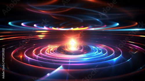 3D geometric vortex in metallic tones, centered with a glowing neon orb