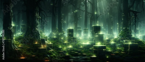 3D glowing geometric forest with tech-inspired trees and foliage