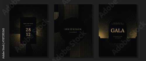 Luxury invitation card background vector. Golden elegant geometric shape, gold lines gradient on dark background. Premium design illustration for gala card, grand opening, wedding, party invitation. © TWINS DESIGN STUDIO