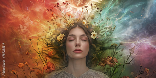 A mindfulness trance is a beautiful place to take the mind for peace and quiet - young pretty female with eyes closed deep in meditative thought against a multicoloured flowing background with flowers