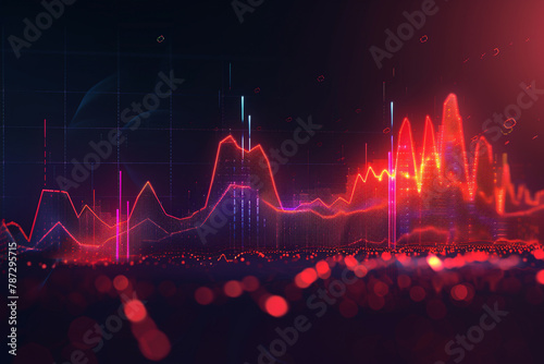 Digital display, options chart, stock market index chart glowing on a dark background. 