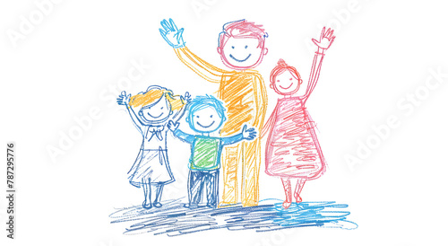 A simplistic and joyful representation of a family with two children, depicted in a child's crayon drawing style © Janina