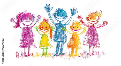 Vivid crayon drawing showing four children and an adult with uplifted arms smiling broadly