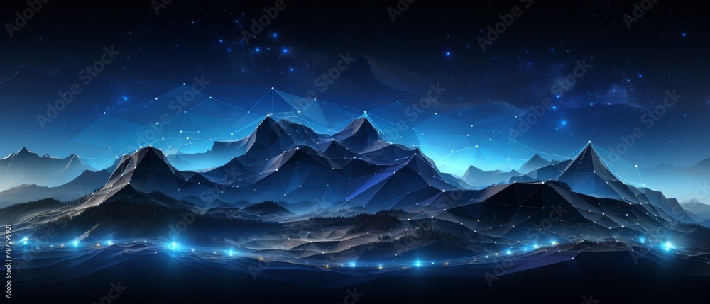 Abstract 3D digital mountain range in a tech-inspired wireframe style