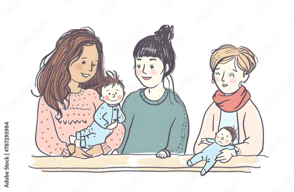 Delicate sketch of four friends casually seated with their babies, showcasing early parenthood and bonds Delicate sketch of four friends casually seated with their babies, showcasing early parenthood and bonds
