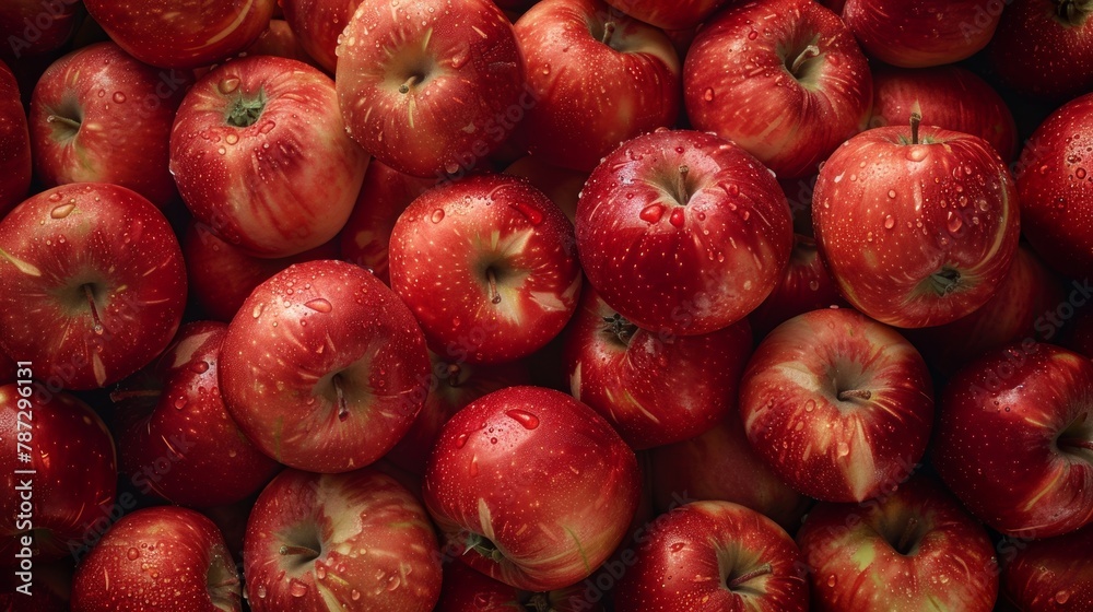 Detailed close-up of fresh apples with water droplets showcasing their natural red texture Detailed close-up of fresh apples with water droplets showcasing their natural red texture