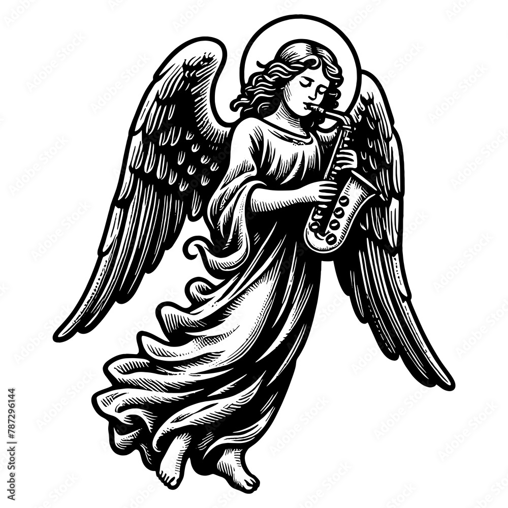 Fototapeta premium angel playing jazz saxophone, blending spirituality with the joy of music in a vintage style sketch engraving generative ai PNG illustration. Scratch board imitation. Black and white image.