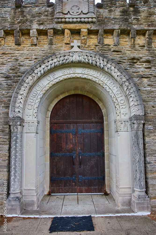 Historic Chapel Doorway with Stone Arch and Cross Design, Indiana