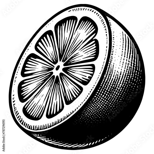 citrus fruit orange lemon half with detailed engraving, textured rind and juicy segments sketch engraving generative ai PNG illustration. Scratch board imitation. Black and white image. photo
