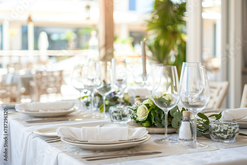 table setting in the restaurant interior light tones style photo