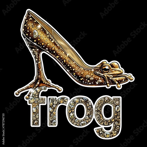 a gold shoe with a frog on the heel