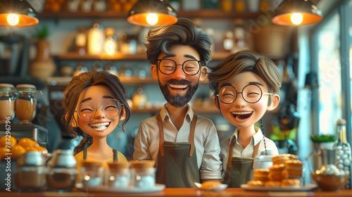 3D cartoon friends laughing together, coffee shop ambiance, cozy interior background