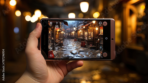 Hand holding a smartphone and taking a photo on a beautiful street with hanging lanterns.